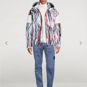 Moose Knuckles Red and Blue Patterned Puffer Jacket